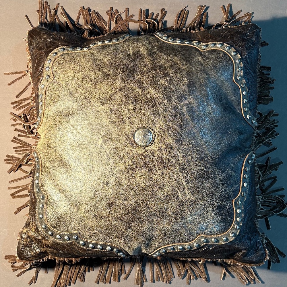 Western Distressed Leather Fringe Pillow with Stud Detailing